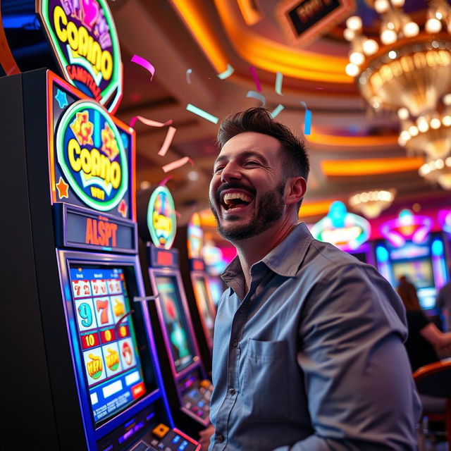 A man joyfully celebrating a jackpot win while playing a vibrant slot machine in a bustling Las Vegas casino