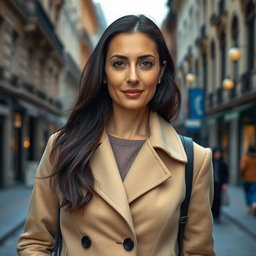 A 40-year-old Italian woman with thick dark hair, lightly tanned skin, and bright eyes