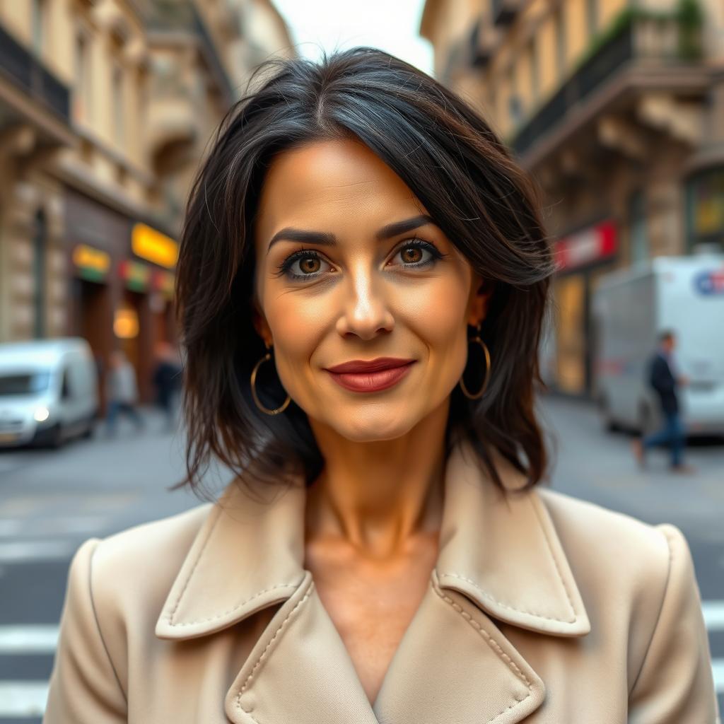 A 40-year-old Italian woman with thick dark hair, lightly tanned skin, and bright eyes