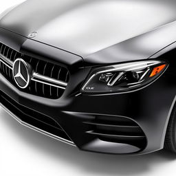 A captivating black Mercedes CLE depicted from a mid-front perspective, focusing on the car's striking features including its luxurious grille, prominent Mercedes logo, and stylish headlights
