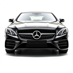 A captivating black Mercedes CLE depicted from a mid-front perspective, focusing on the car's striking features including its luxurious grille, prominent Mercedes logo, and stylish headlights