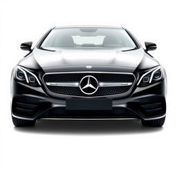 A captivating black Mercedes CLE depicted from a mid-front perspective, focusing on the car's striking features including its luxurious grille, prominent Mercedes logo, and stylish headlights