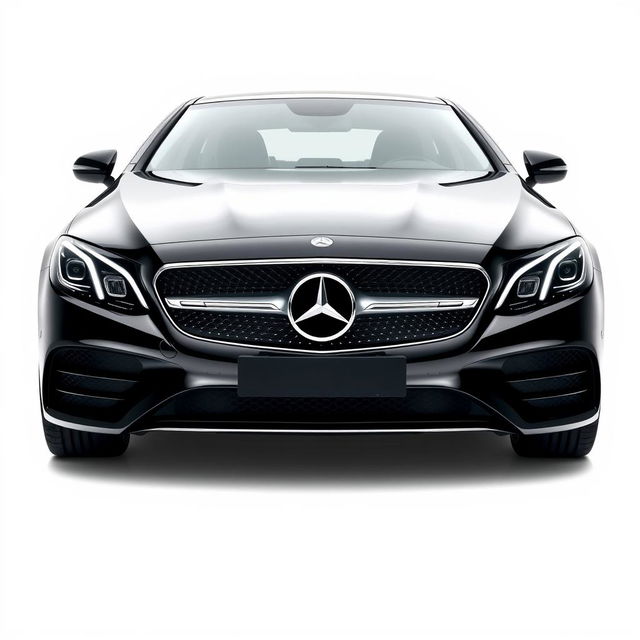 A captivating black Mercedes CLE depicted from a mid-front perspective, focusing on the car's striking features including its luxurious grille, prominent Mercedes logo, and stylish headlights