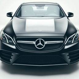 A captivating black Mercedes CLE depicted from a mid-front perspective, focusing on the car's striking features including its luxurious grille, prominent Mercedes logo, and stylish headlights
