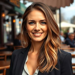 A full-length photograph of a woman aged between 30 to 45 years with a natural appearance, showcasing minimal makeup and well-groomed hair