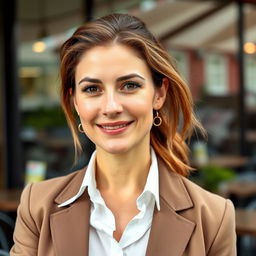 A full-length photograph of a woman aged between 30 to 45 years with a natural appearance, showcasing minimal makeup and well-groomed hair