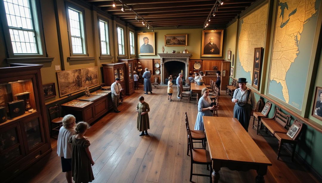 A colonial museum showcasing artifacts and exhibits from the colonial era, featuring rustic wooden displays and historical memorabilia