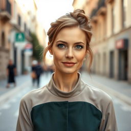 An Italian woman, 40 years old, with light brown hair styled in a loose bun