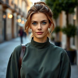 An Italian woman, 40 years old, with light brown hair styled in a loose bun
