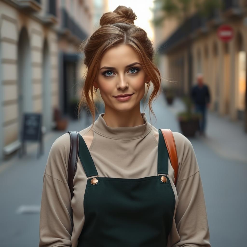 An Italian woman, 40 years old, with light brown hair styled in a loose bun