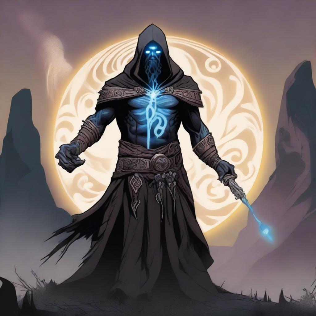 A digital art image of a Goliath warlock, cloaked and standing tall in a remote wilderness