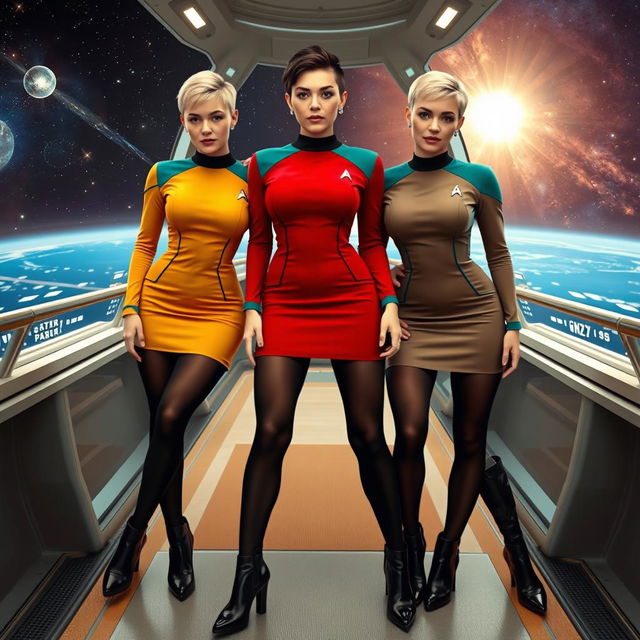 Three slim women with large breasts, each wearing a vibrant Star Trek-inspired uniform minidress featuring mustard, red, and teal colors