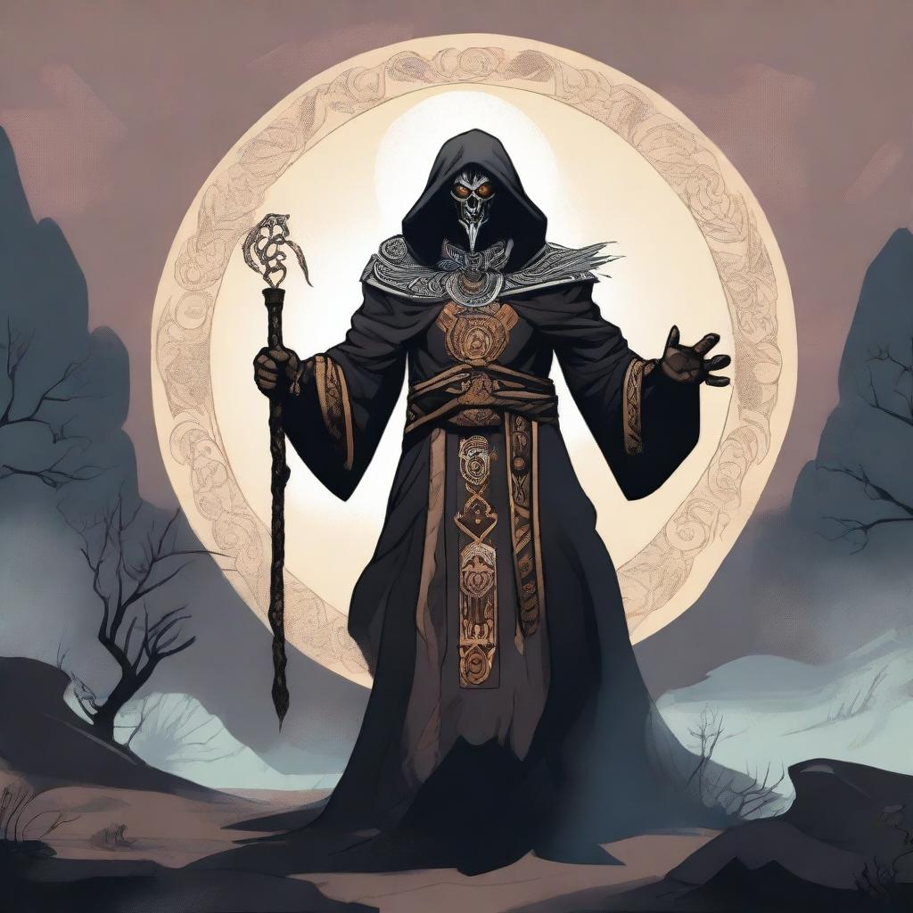 A digital art image of a Goliath warlock, cloaked and standing tall in a remote wilderness