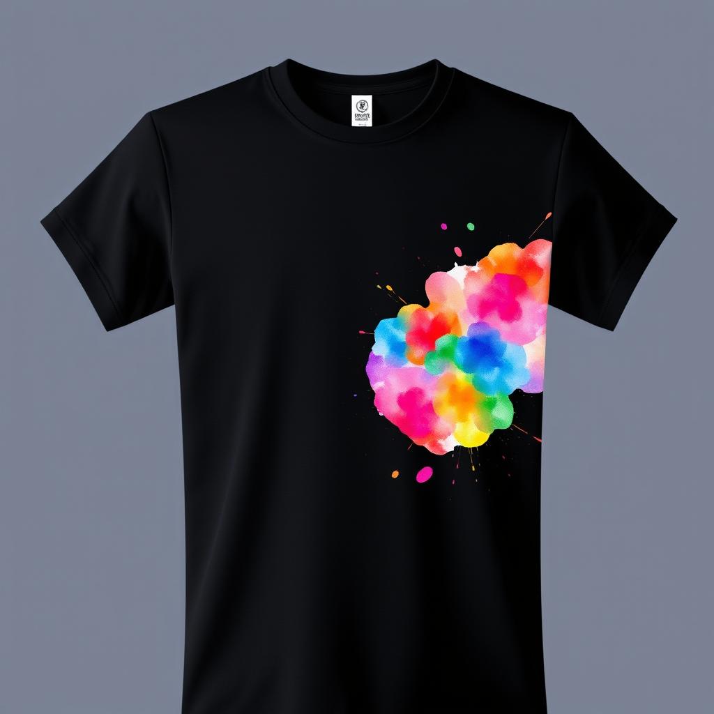 A black t-shirt featuring a vibrant, multicolored watercolor design on the right side