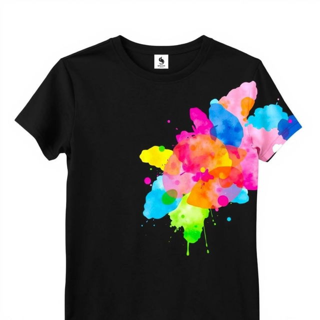 A black t-shirt featuring a vibrant, multicolored watercolor design on the right side