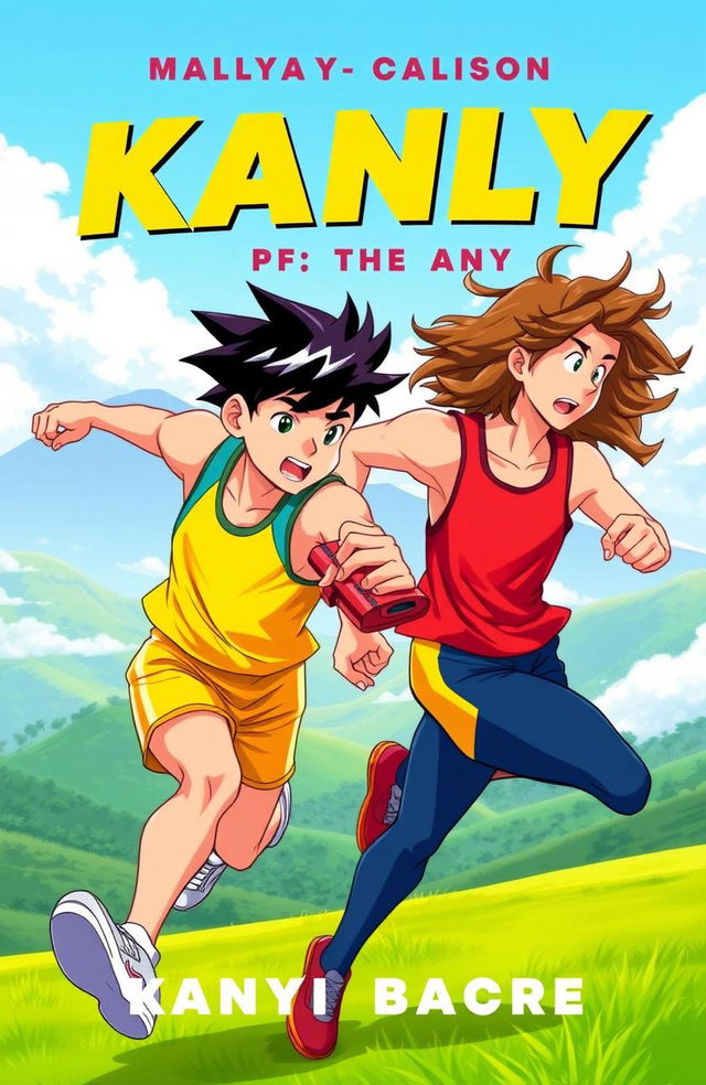 A vibrant book cover for a Kandy-based Boys' Love story featuring two male athletes in a dynamic exchange of batons during a relay race