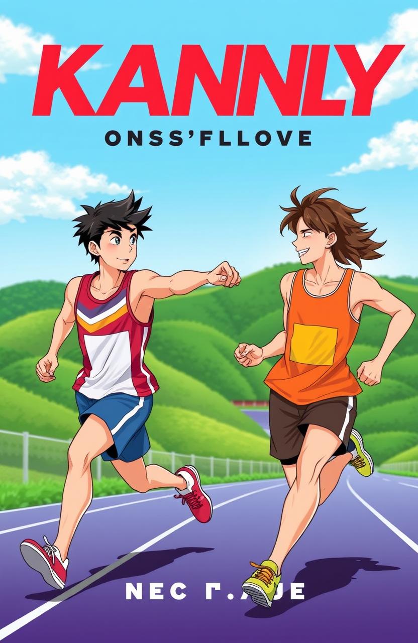 A vibrant book cover for a Kandy-based Boys' Love story featuring two male athletes in a dynamic exchange of batons during a relay race