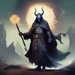 A digital art image of a Goliath warlock, cloaked and standing tall in a remote wilderness