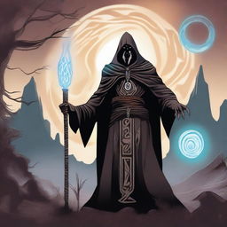 A digital art image of a Goliath warlock, cloaked and standing tall in a remote wilderness