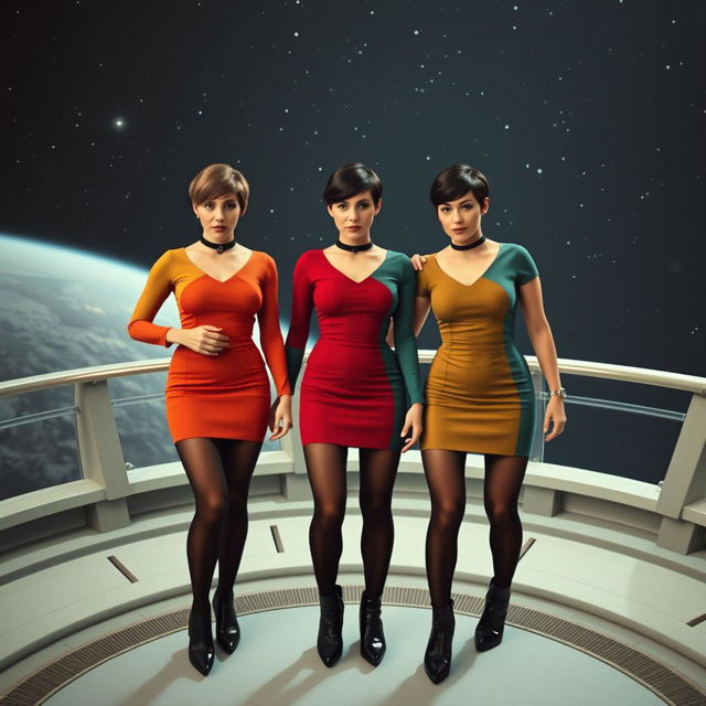 Three slim women with large breasts, wearing mustard, red, and teal Star Trek-style minidresses, complemented by black tights and black boots