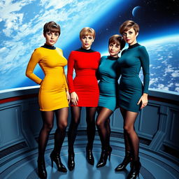 Three slim women with large breasts, wearing mustard, red, and teal Star Trek-style minidresses, complemented by black tights and black boots