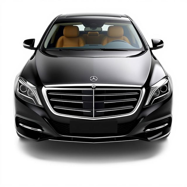 An elegant black Mercedes Maybach showcased from a mid-front mid-side angle, emphasizing its luxurious and sophisticated design