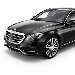 An elegant black Mercedes Maybach showcased from a mid-front mid-side angle, emphasizing its luxurious and sophisticated design