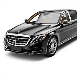 A luxurious black Mercedes Maybach featured from a mid-front mid-side angle, showcasing its elegant and opulent design