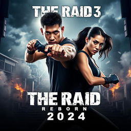 An action-packed teaser poster for 'The Raid 3: Reborn' (2024), featuring Iko Uwais and Julie Estelle in dynamic poses