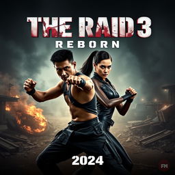 An action-packed teaser poster for 'The Raid 3: Reborn' (2024), featuring Iko Uwais and Julie Estelle in dynamic poses
