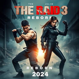 An action-packed teaser poster for 'The Raid 3: Reborn' (2024), featuring Iko Uwais and Julie Estelle in dynamic poses