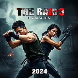 An action-packed teaser poster for 'The Raid 3: Reborn' (2024), featuring Iko Uwais and Julie Estelle in dynamic poses