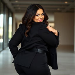 A stunning plus-sized woman resembling Demi Lovato, portrayed as a sexy co-worker, wearing a fitted black jacket, a sleek black shirt, and stylish black pants