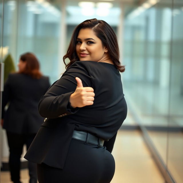 A stunning plus-sized woman resembling Demi Lovato, portrayed as a sexy co-worker, wearing a fitted black jacket, a sleek black shirt, and stylish black pants