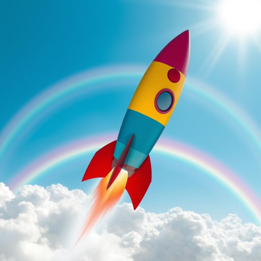 A vibrant and colorful rocket soaring through a bright blue sky, with a magnificent rainbow arching through the background