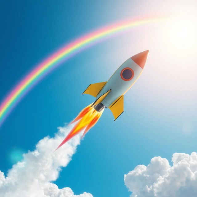 A vibrant and colorful rocket soaring through a bright blue sky, with a magnificent rainbow arching through the background