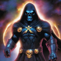 This is a high-quality digital art image of Korvac the Grim, depicted as a powerful and imposing figure in intricate, dark armor against a backdrop of cosmic energy