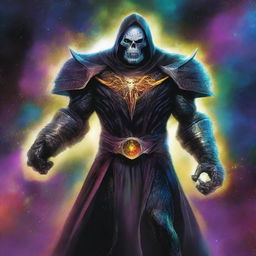 This is a high-quality digital art image of Korvac the Grim, depicted as a powerful and imposing figure in intricate, dark armor against a backdrop of cosmic energy