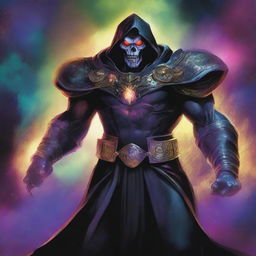 This is a high-quality digital art image of Korvac the Grim, depicted as a powerful and imposing figure in intricate, dark armor against a backdrop of cosmic energy