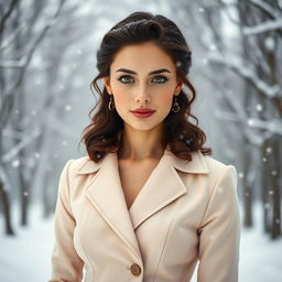 A 35-year-old woman with dark chestnut, shoulder-length curly hair, captivating green eyes, and fair glowing skin