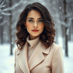 A 35-year-old woman with dark chestnut, shoulder-length curly hair, captivating green eyes, and fair glowing skin