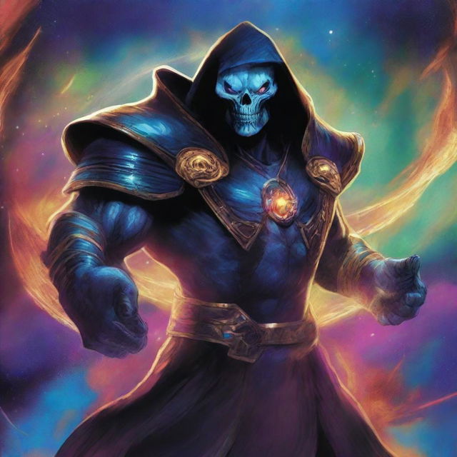 This is a high-quality digital art image of Korvac the Grim, depicted as a powerful and imposing figure in intricate, dark armor against a backdrop of cosmic energy