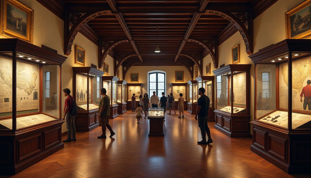 An expansive and beautifully detailed colonial museum showcasing artifacts from the colonial era, featuring rich wooden interiors, high ceilings, and large glass display cases filled with historical items such as maps, clothing, and tools