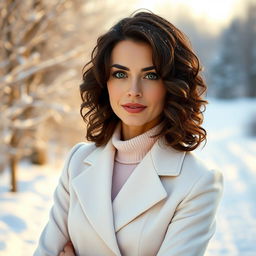 A 35-year-old woman with dark chestnut shoulder-length curly hair, captivating green eyes, and fair glowing skin
