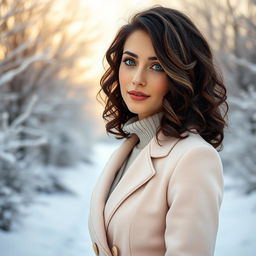 A 35-year-old woman with dark chestnut shoulder-length curly hair, captivating green eyes, and fair glowing skin