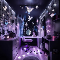 Design a room for an 18-year-old girl with tomboy and girly interests, featuring black, blue, purple, grey, and white mood lighting. Incorporate moon, star, and butterfly elements alongside a Sanatan theme, anime, and K-drama influences. Finish with a butterfly mirror wall decor.