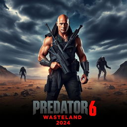 An action-packed teaser poster for 'Predator 6: Wasteland' (2024), starring Dwayne Johnson