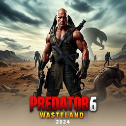 An action-packed teaser poster for 'Predator 6: Wasteland' (2024), starring Dwayne Johnson