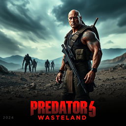 An action-packed teaser poster for 'Predator 6: Wasteland' (2024), starring Dwayne Johnson