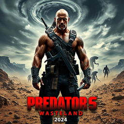 An action-packed teaser poster for 'Predator 6: Wasteland' (2024), starring Dwayne Johnson